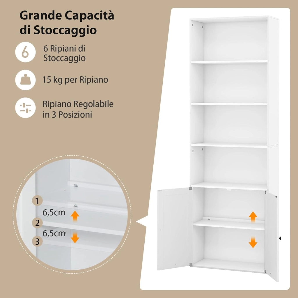 Libreria Scaffale con Ante, Libreria in Legno con 6 Ripiani e 2 Ante, Mobile Multiuso con Ripiano Regolabile per Soggiorno, Camera da Letto, Cucina, 60 x 24 x 180 cm, Bianco