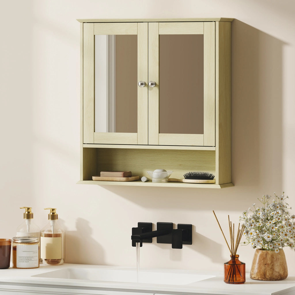 Armadietto da Bagno con Specchio ¨C zephmum ¨C Legno Naturale 56x13x58 cm