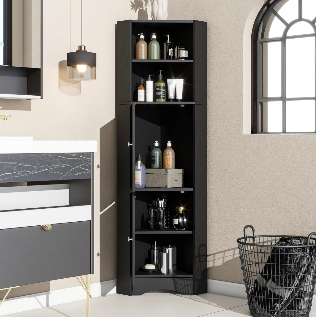 Mobile bagno angolare con due ripiani e ripiano regolabile, 36,5x36,5x155 cm, nero
