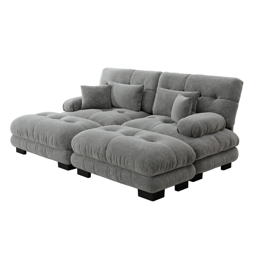 Divano modulare in chenille grigio con pouf mobili e cuscini decorativi, seduta profonda per soggiorno e ufficio