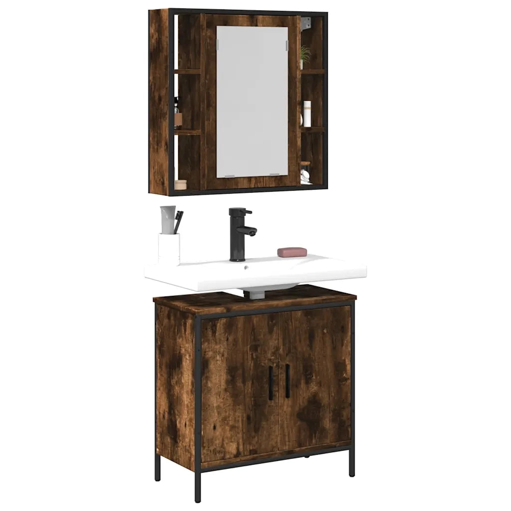 Set Mobili da Bagno | Armadio da bagno 2 pz Rovere Fumo in Legno Multistrato