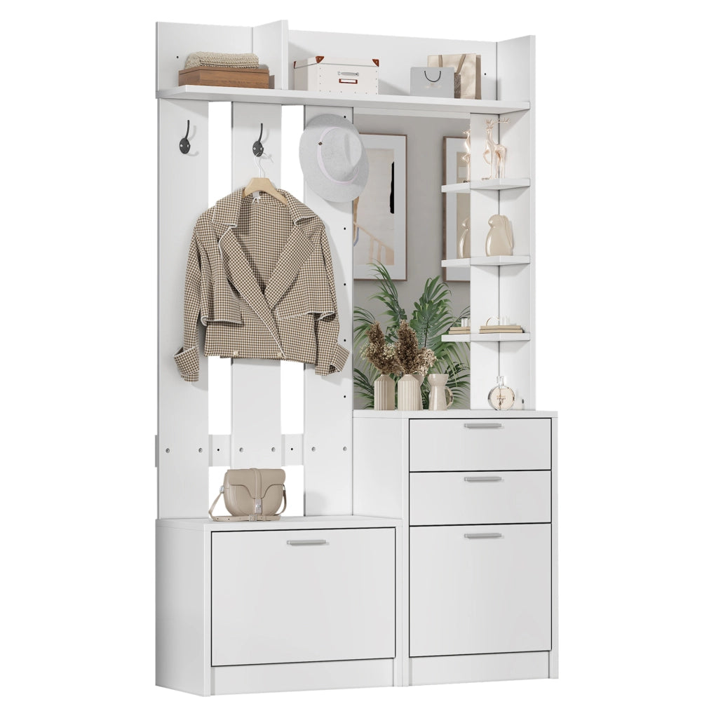 Garderoba multifunzione 110x34x185 cm con specchio; 2 cassetti e scarpiera a ribalta; bianco