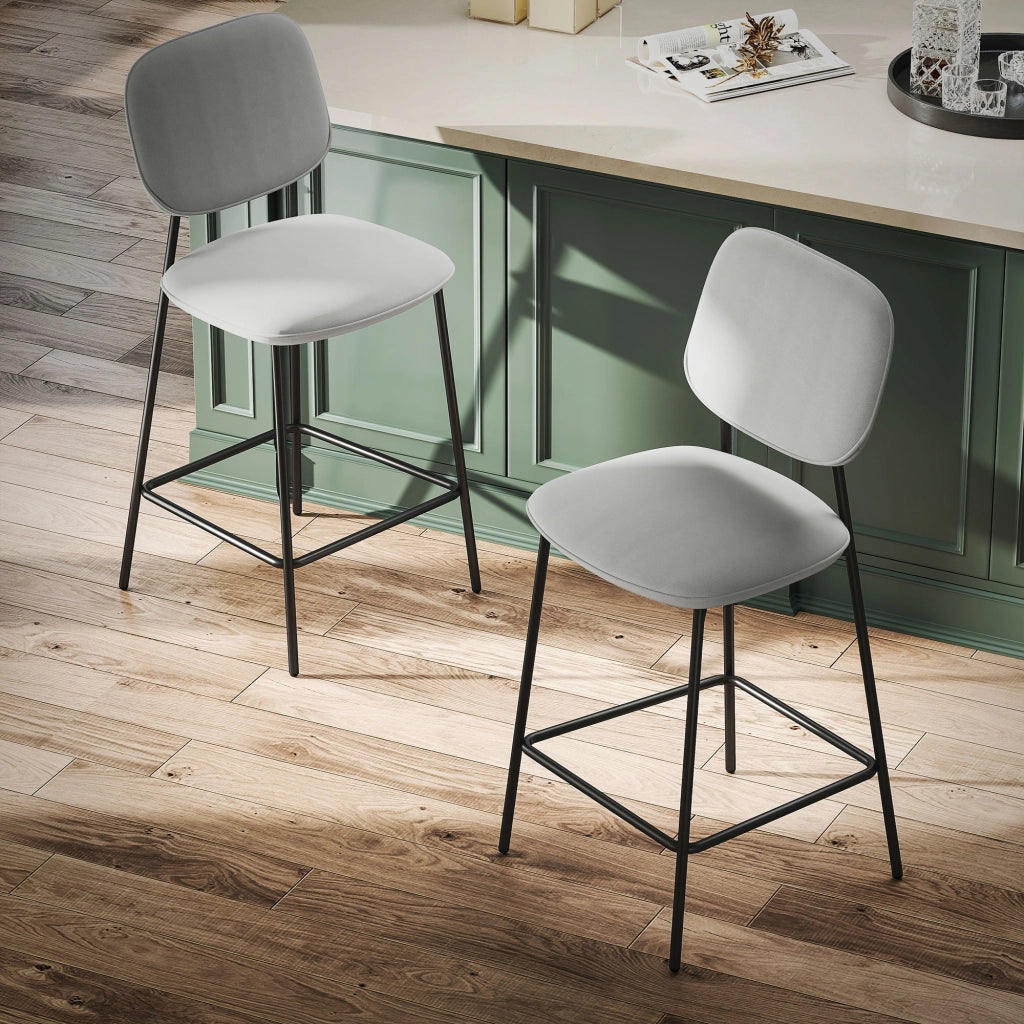 Set 2 Sedie da Bar con Poggiapiedi ¨C Zephmum ¨C Grigio Chiaro Velluto Metallo 45x49x102 cm