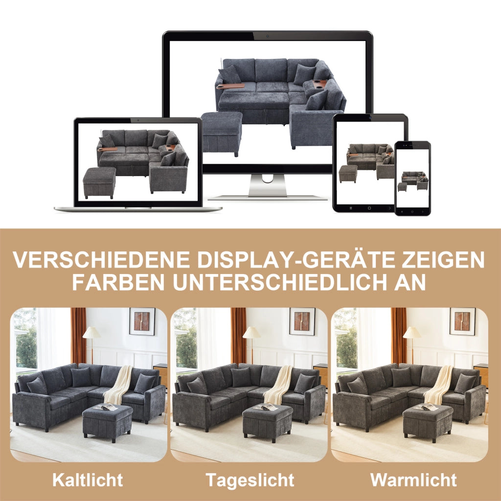 Divano angolare convertibile con funzione letto, usb e type-c, pouf contenitore in chenille grigio 205 × 205 × 85 cm