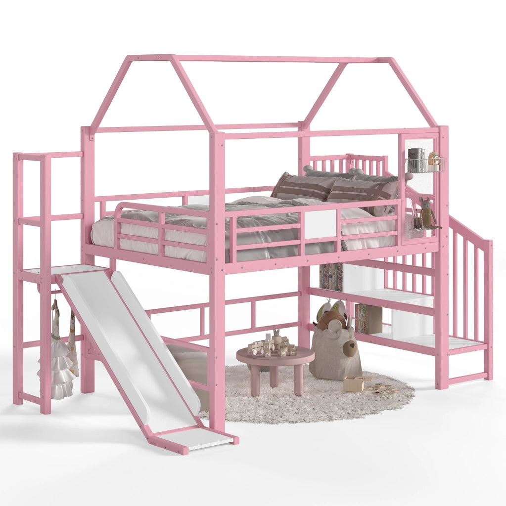 LETTO A CASTELLO Casa 140x200 cm Rosa in MDF e Metallo con Scivolo e LED Bluetooth