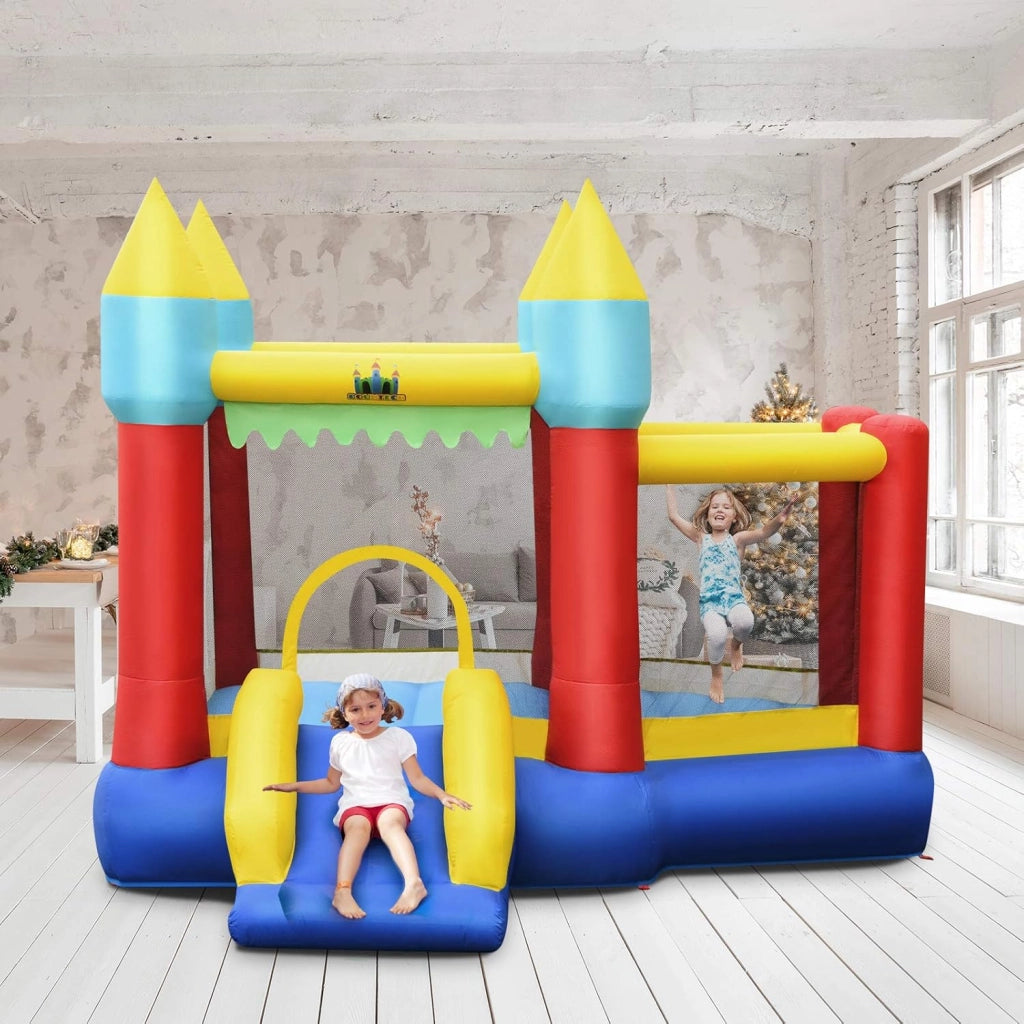 Castello Gonfiabile Per Bambini, con Scivolo, 100 Palline, Borsa di Trasporto e Kit di Riparazione, per 3 Bambini 3-10 anni, Regalo Perfetto per Bambini (con Soffiatore 450W)