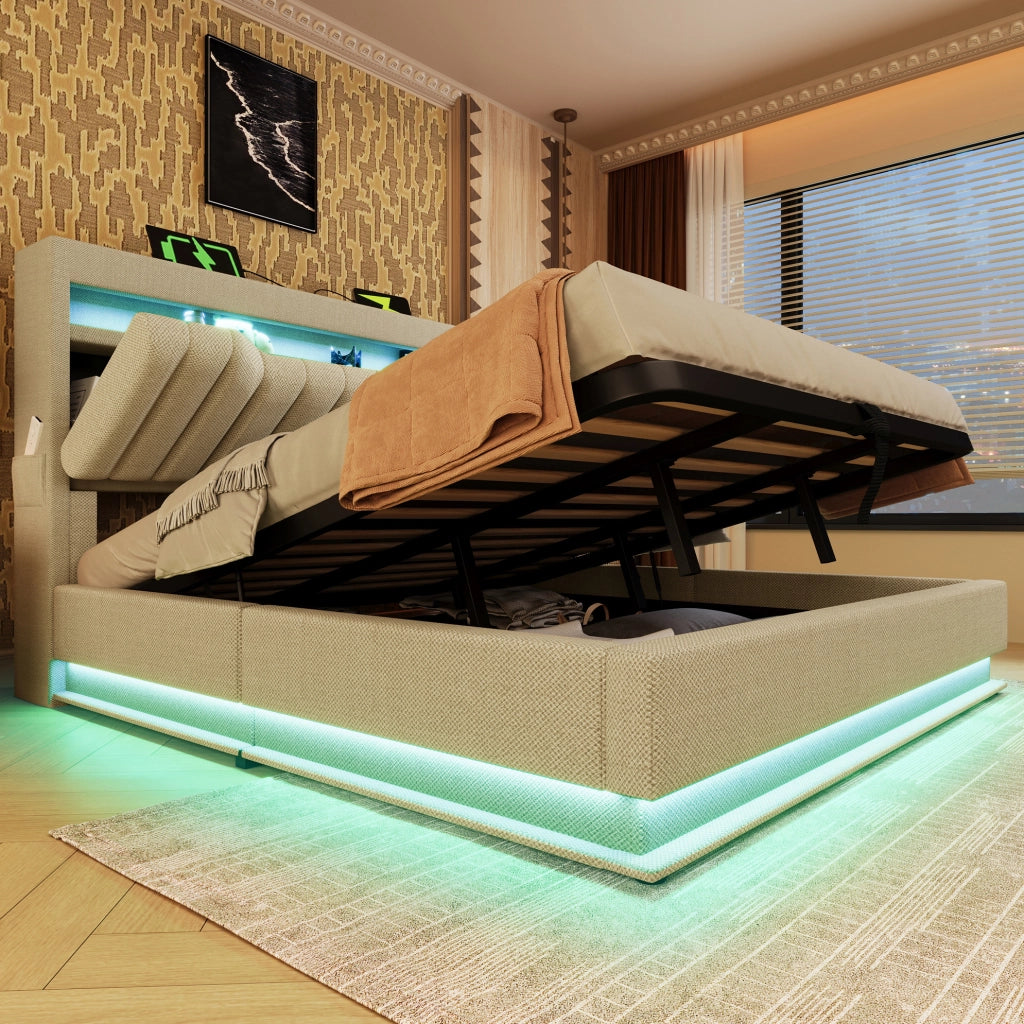 Letto matrimoniale 160x200 cm in lino beige con LED; USB e vano contenitore idraulico