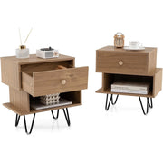 Set di comodini a 2 pezzi con cassetto rimovibile-Tavolini laterali con scomparto aperto e gambe in metallo Naturale