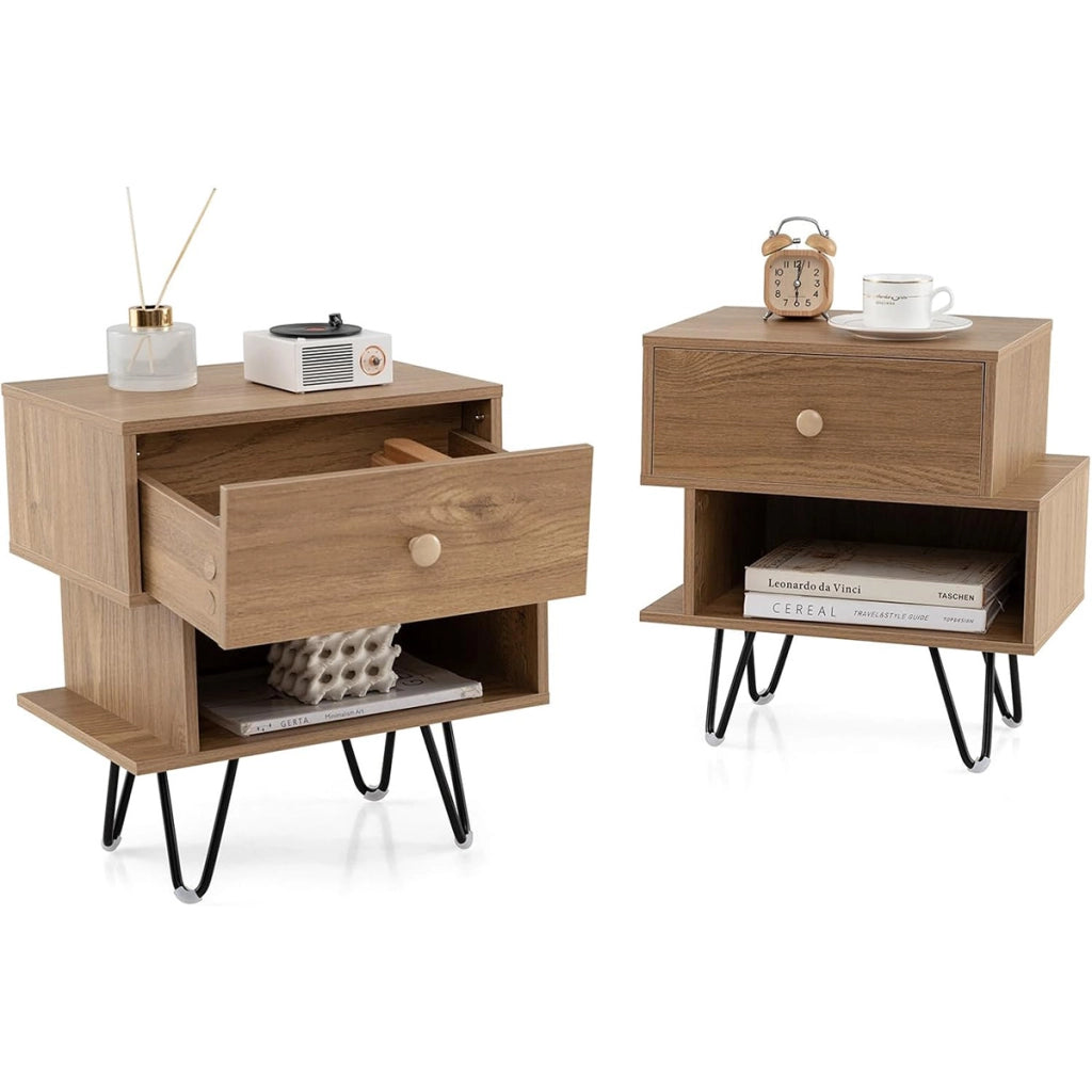 Set di comodini a 2 pezzi con cassetto rimovibile-Tavolini laterali con scomparto aperto e gambe in metallo Naturale