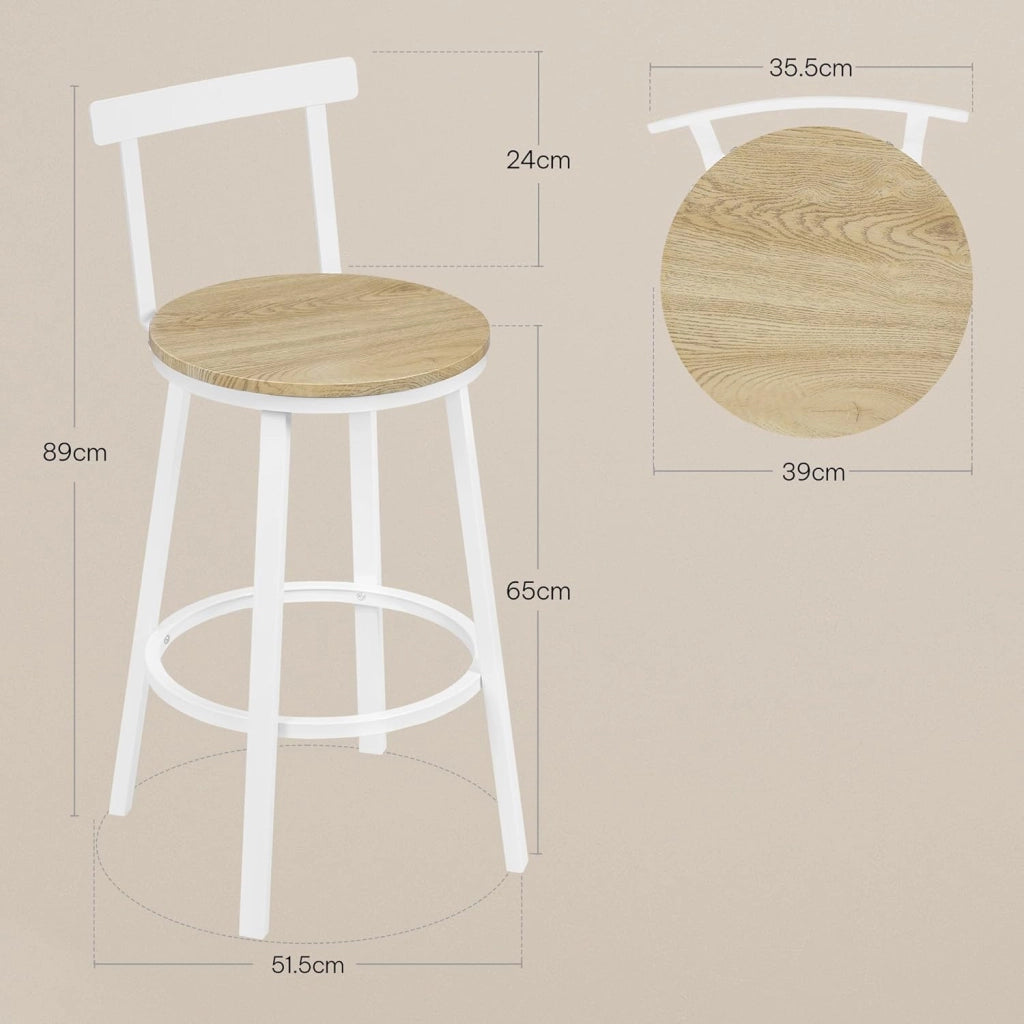 Sgabelli Cucina Set di 2, Sgabelli da Bar per Colazione, con Poggiapiedi e Schienale, Struttura in Metallo, Effetto Legno Chiaro