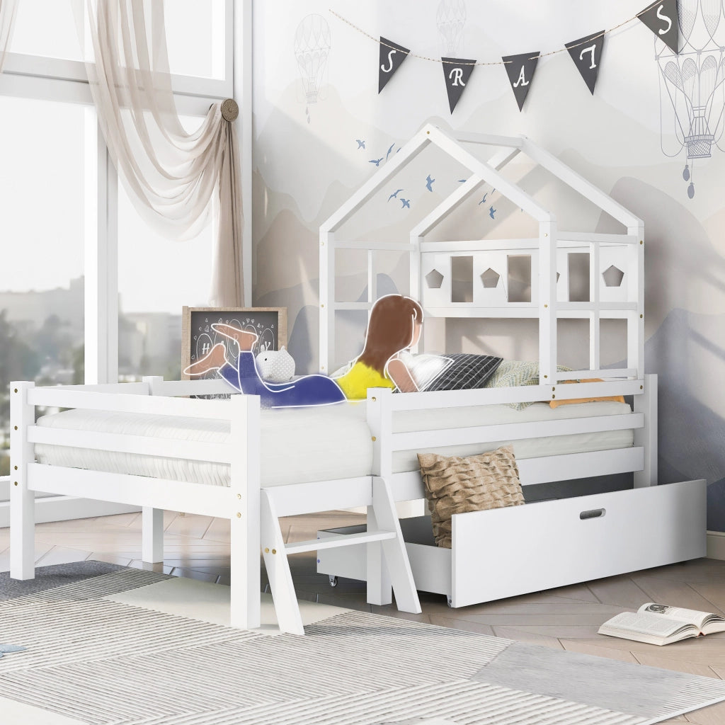 Letto a castello bianco con scala e cassetti in legno massello di pino 90x200 cm