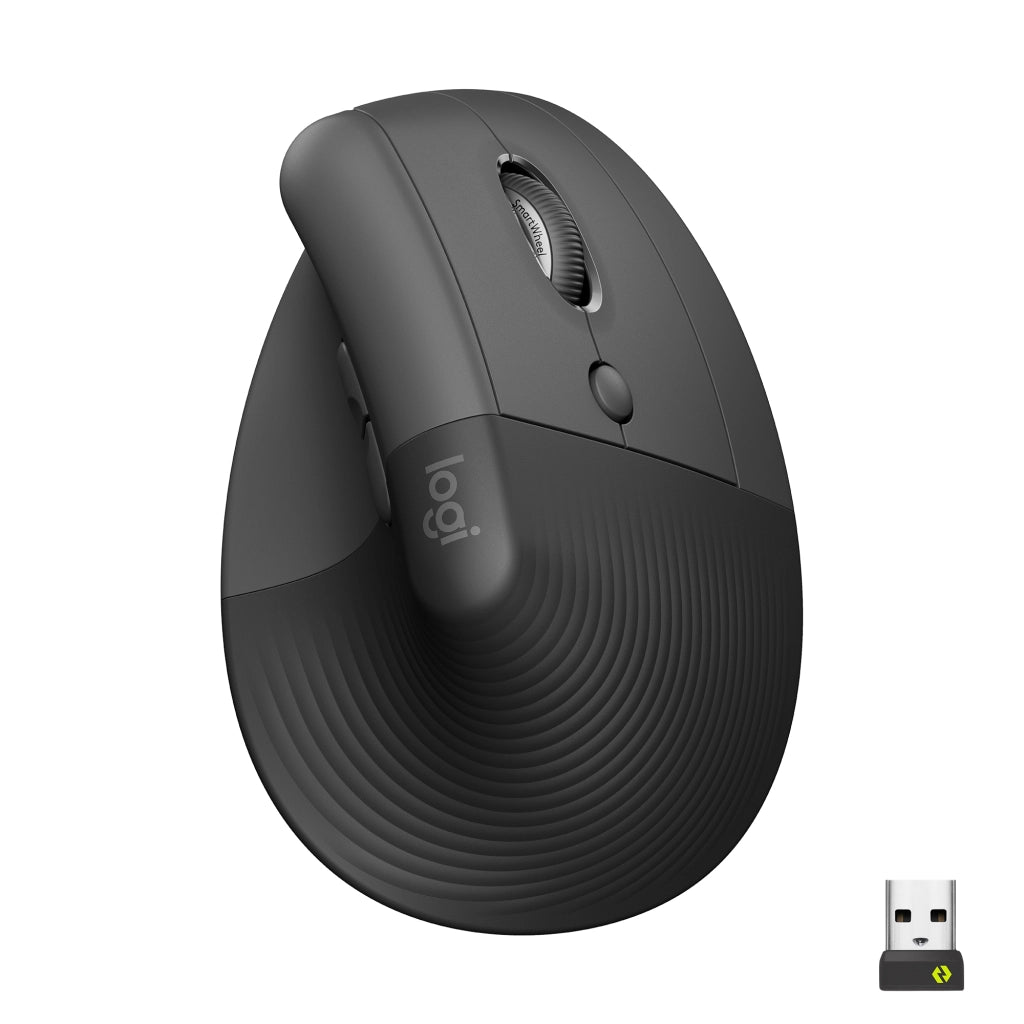 Logitech lift mouse ergonomico verticale, senza fili, ricevitore bluetooth o logi bolt usb, clic silenziosi, 4 tasti, compatibile con windows / macos / ipados, laptop, pc. grafite - 910 006473