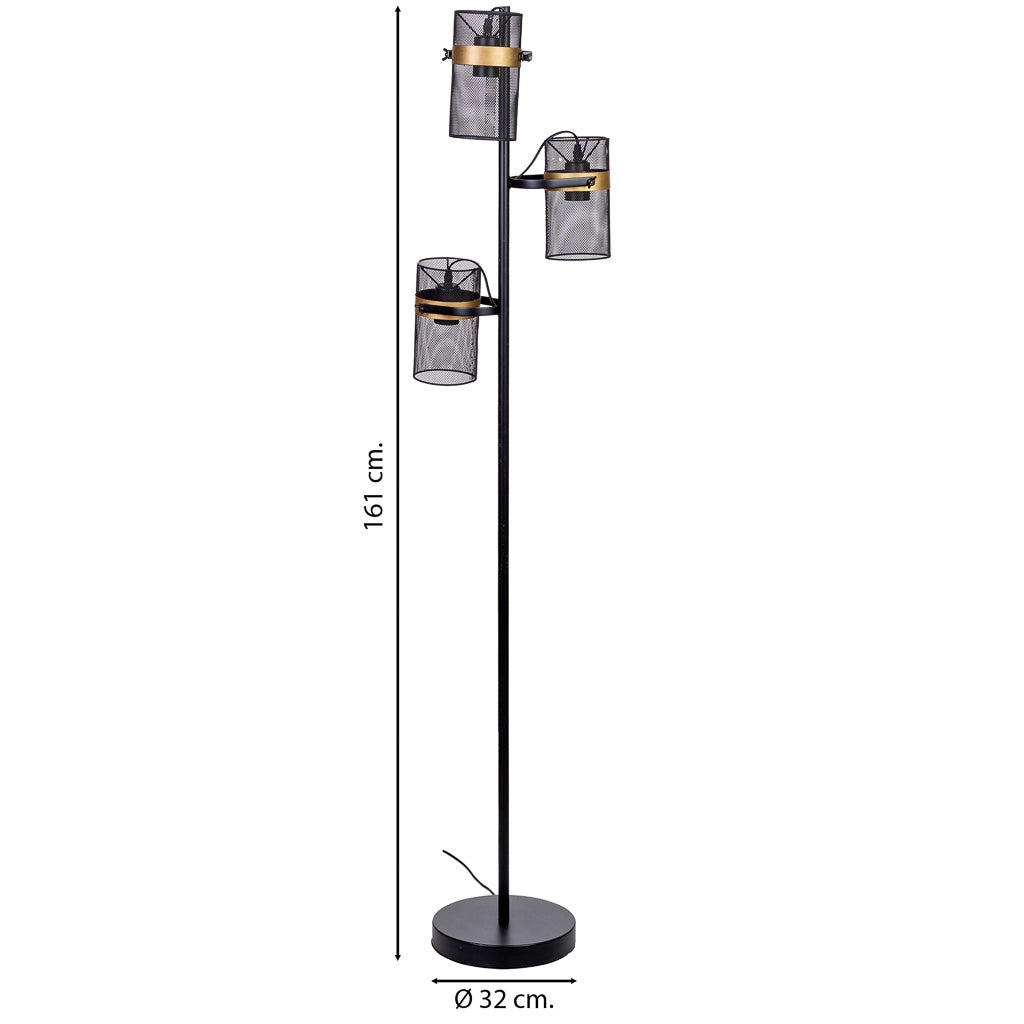 Lampada da terra in metallo nero con 3 faretti 32x32x161h cm