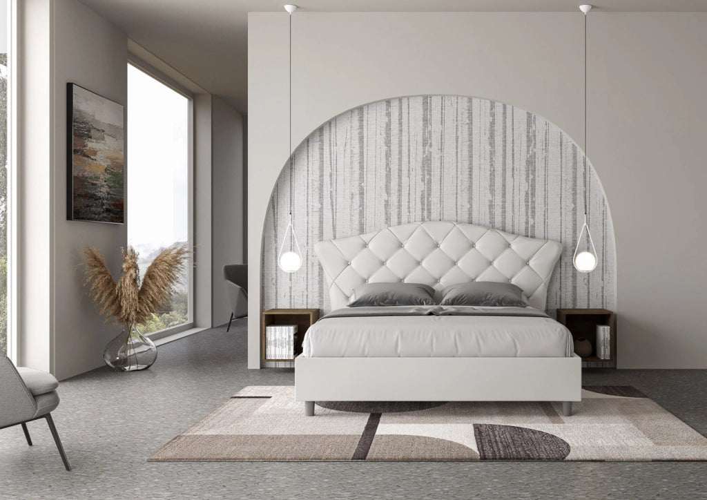 BS COM Letto matrimoniale senza rete imbottito 160x200 similpelle bianco