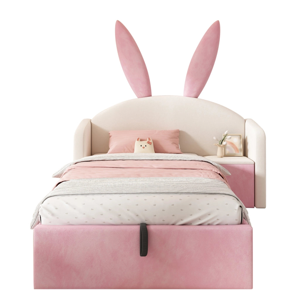 Letto imbottito 90x200 cm con contenitore idraulico e comodino integrato; velluto beige e rosa