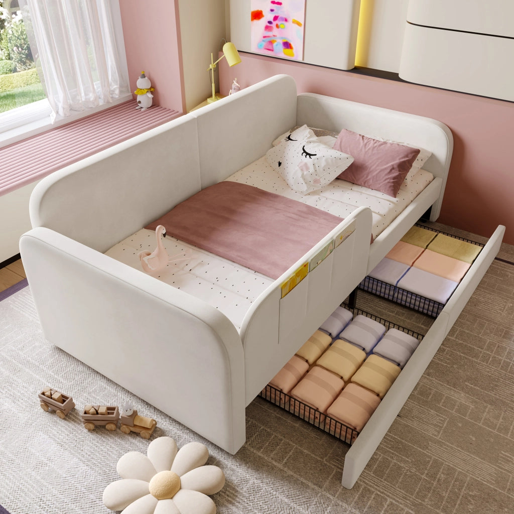 Letto a Divanetto 90x200 cm; Letto Singolo - 2 Cassetti e 3 Tasche - Velluto Bianco