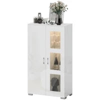 Credenza con LED RGB 16 colori e telecomando, alta lucidità, porte in vetro, ripiani in vetro, 71x35x126cm, bianco
