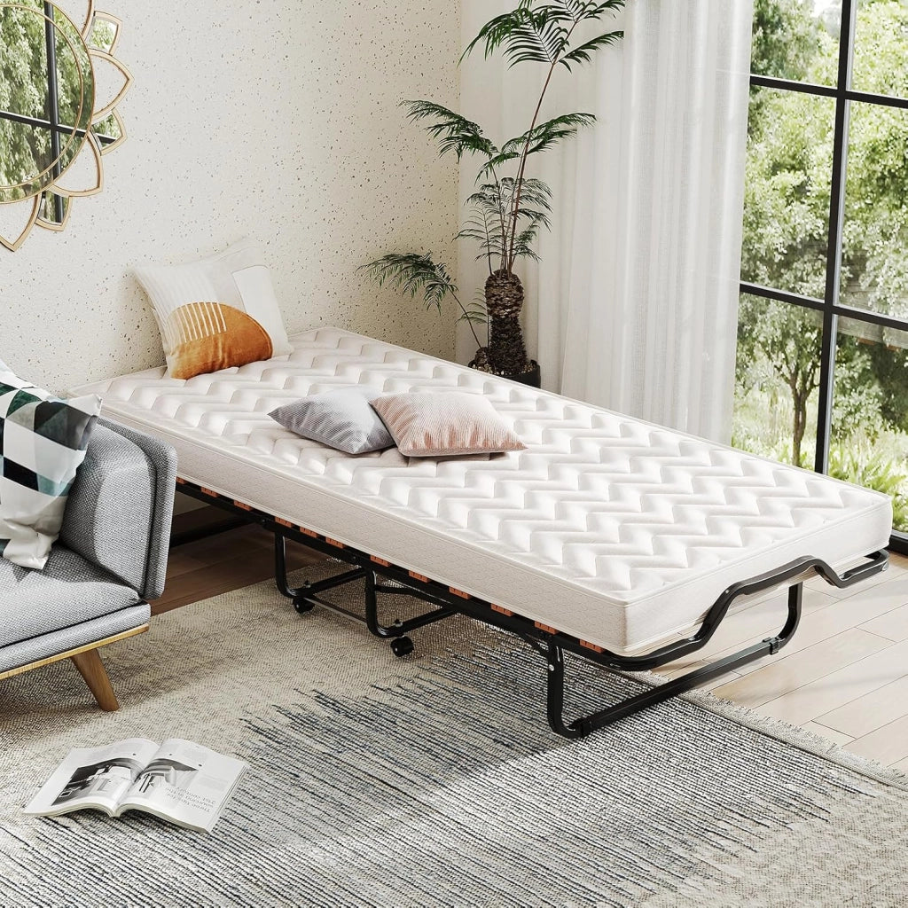 Letto Pieghevole 80x200 cm, Lettino Pieghevole per Gli Ospiti con 4 Ruote, Sgabello e Bracci, Letto da Viaggio per Adulti con Memory Foam, Doppia Sedia a Doghe, Made in Italy