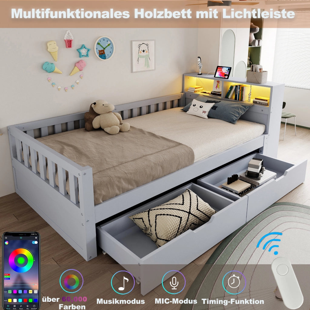 Letto singolo multifunzionale 90×200 cm; grigio; in legno con cassetti; ripiani; LED; USB e Type-C