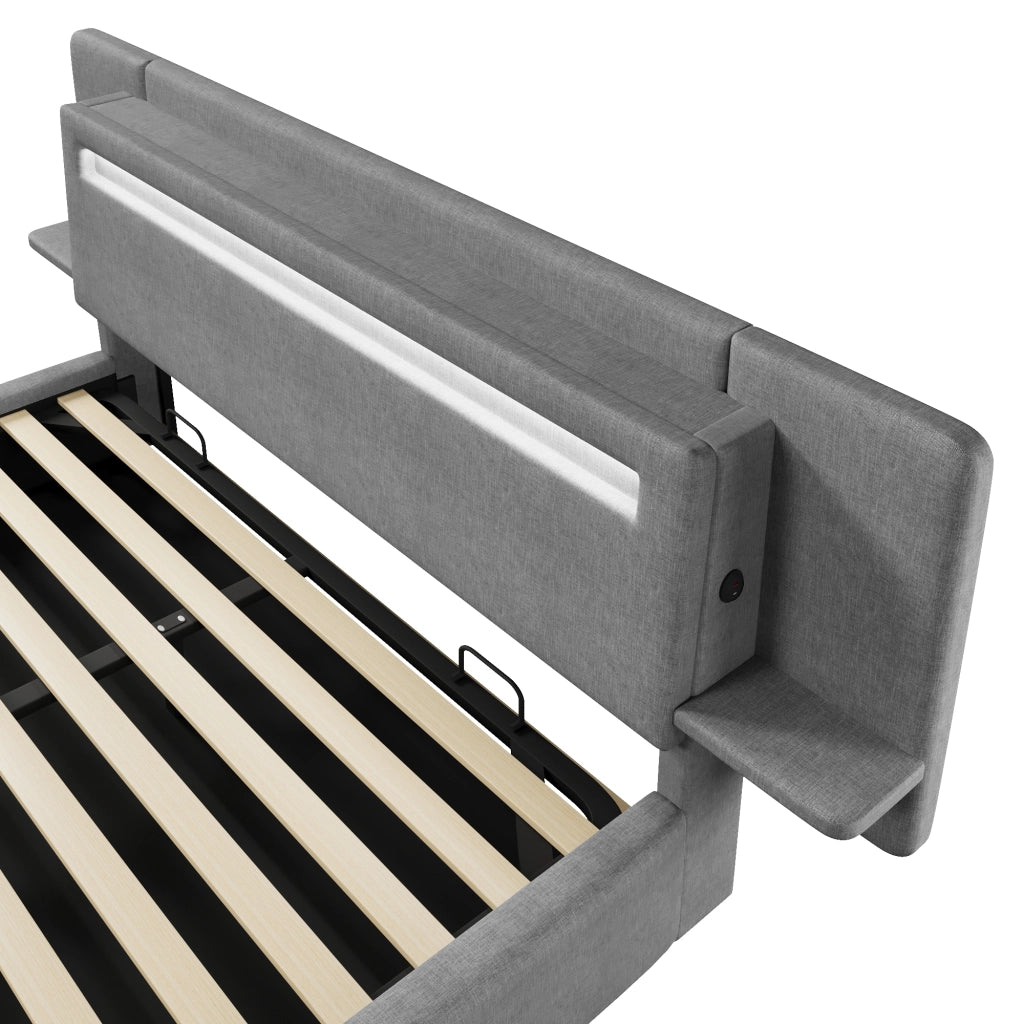 Letto imbottito 180x200 cm con contenitore ad alzata idraulica; LED multicolore e USB; grigio