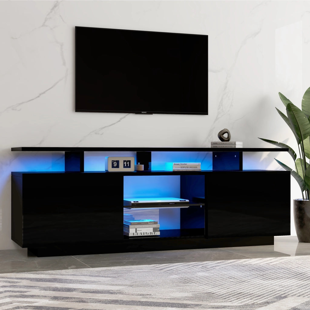 Mobile TV nero da 140 cm con illuminazione LED a 16 colori, 5 vani aperti e 2 ante lucide