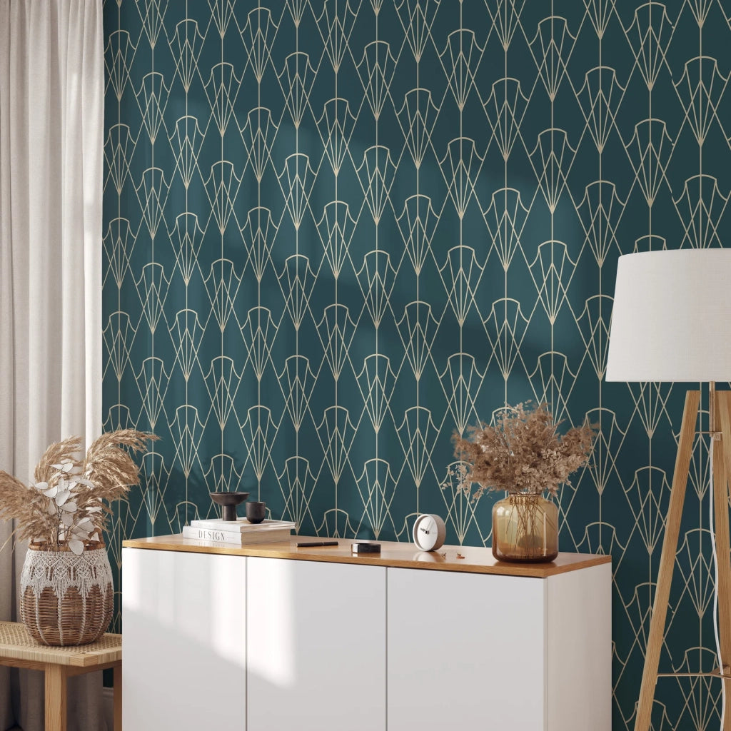 Carta da Parati Art Déco Anni 30 Verde Petrolio Carta Vegana 250x200cm 5,5mq 