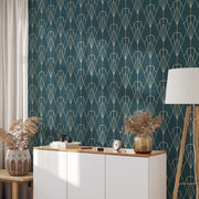 Carta da Parati Art Déco Anni 30 Verde Petrolio Carta Vegana 250x200cm 5,5mq 