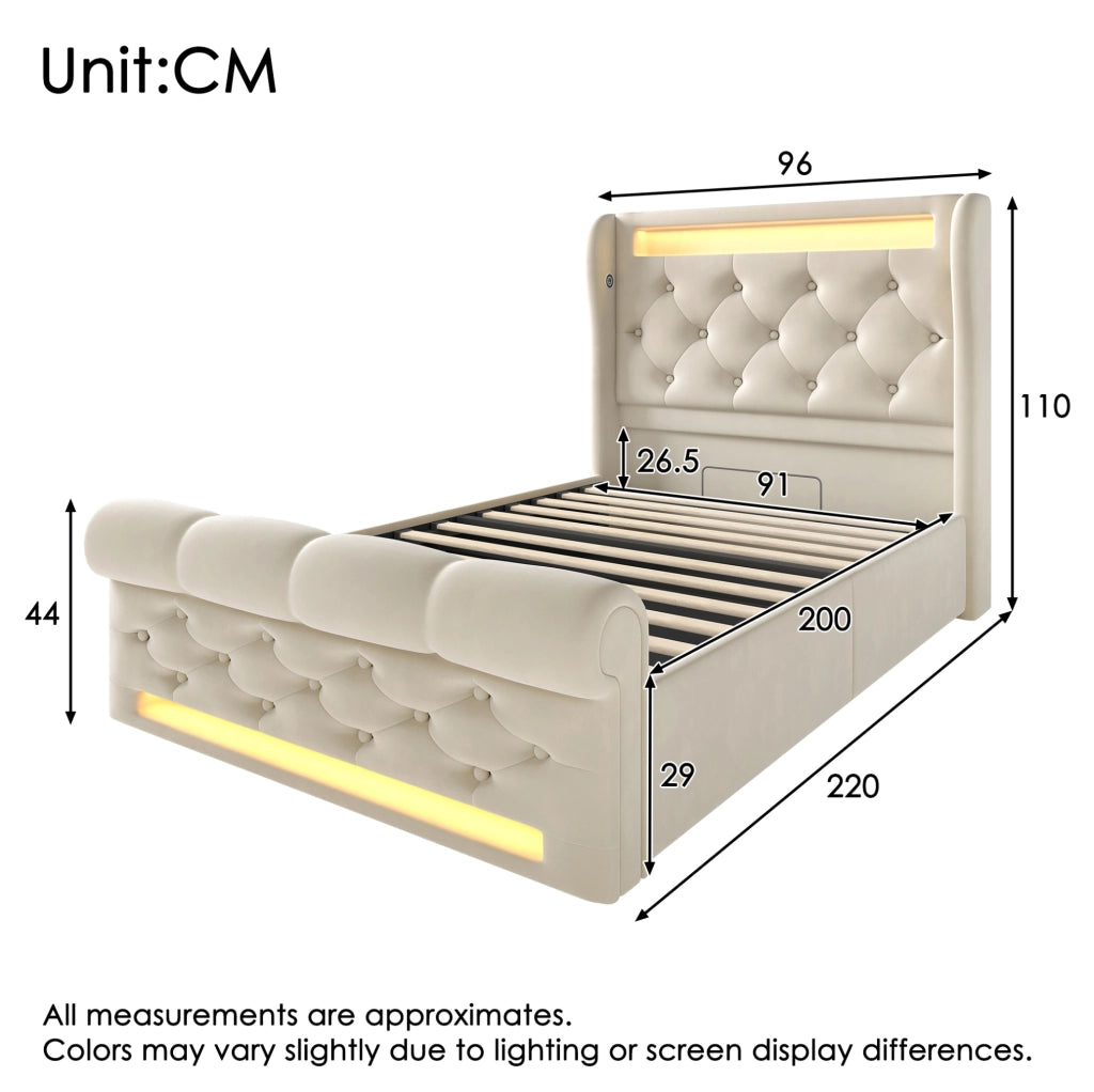 Letto singolo imbottito 90x200 cm in velluto beige con LED; ricarica USB e Type C; contenitore idraulico