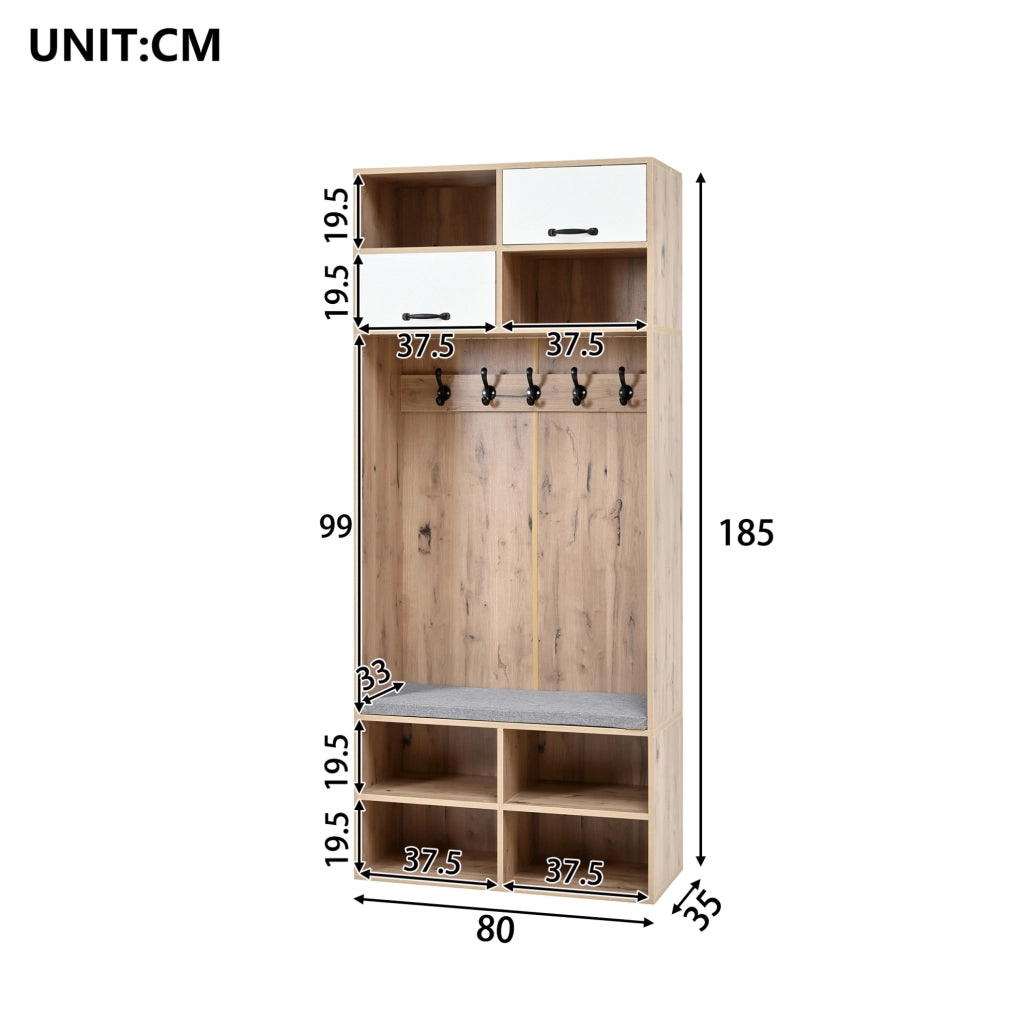 Mobile ingresso moderno con panca; 5 ganci; 4 vani aperti e illuminazione regolabile; 80x35x185 cm; bianco e naturale