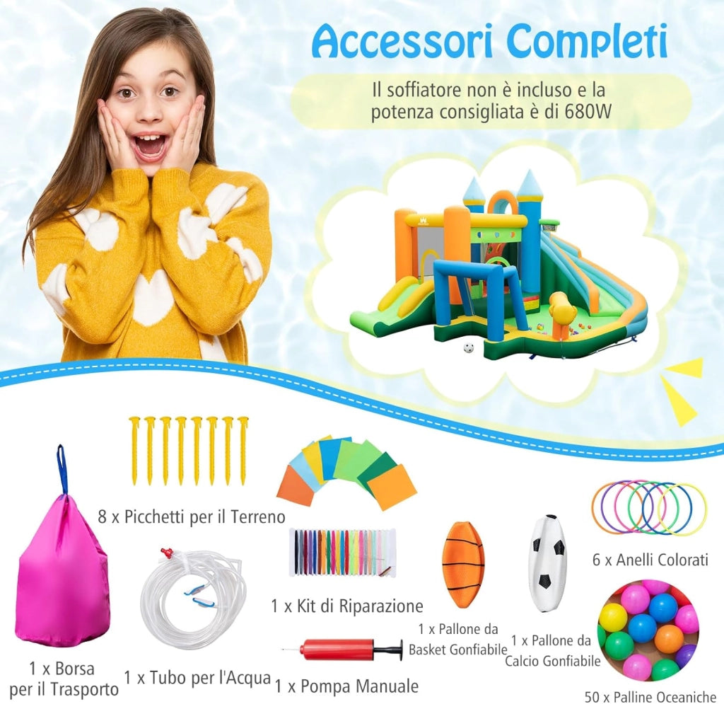 Castello Gonfiabile per Bambini, Casa Gonfiabile con Doppio Scivolo, Parete da Arrampicata, Piscina, con Borsa di Trasporto e Kit di Riparazione, per 2 Bambini di 3-10 Anni