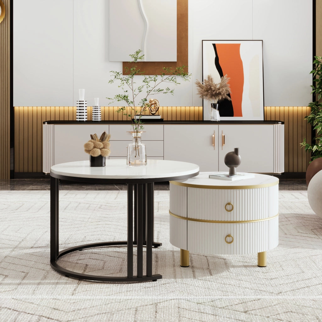 Tavolino da Caff¨¨ Rotondo MDF Set 2 Pezzi con Cassetti ¨C MINIMAL ¨C Bianco Marmo, 70x70x46 + 50x50x40 cm
