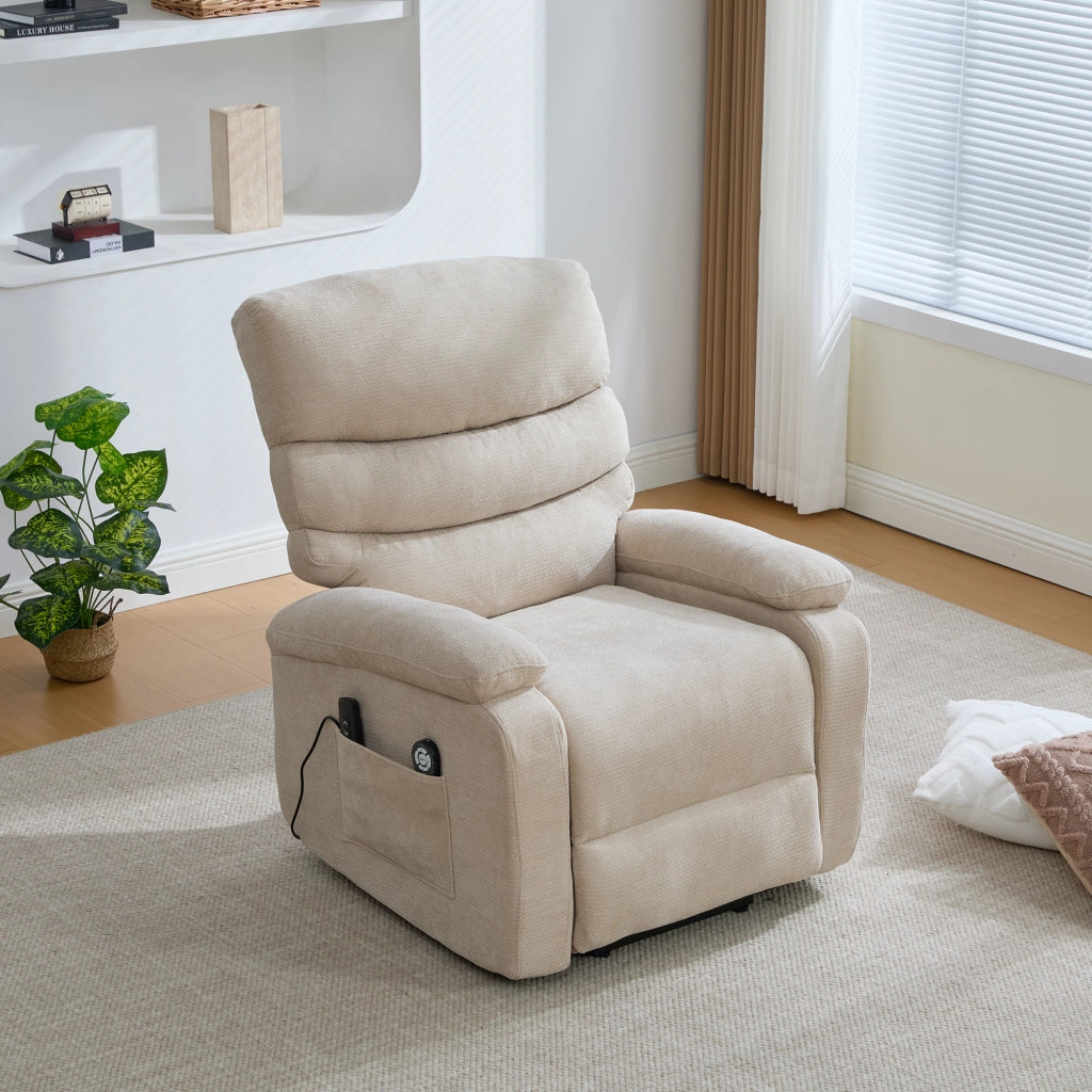 Poltrona Relax Elettrica Massaggiante con Alzapersona ¨C MINIMAL ¨C Reclinabile, Poggiapiedi, Tessuto Kaki Chiaro
