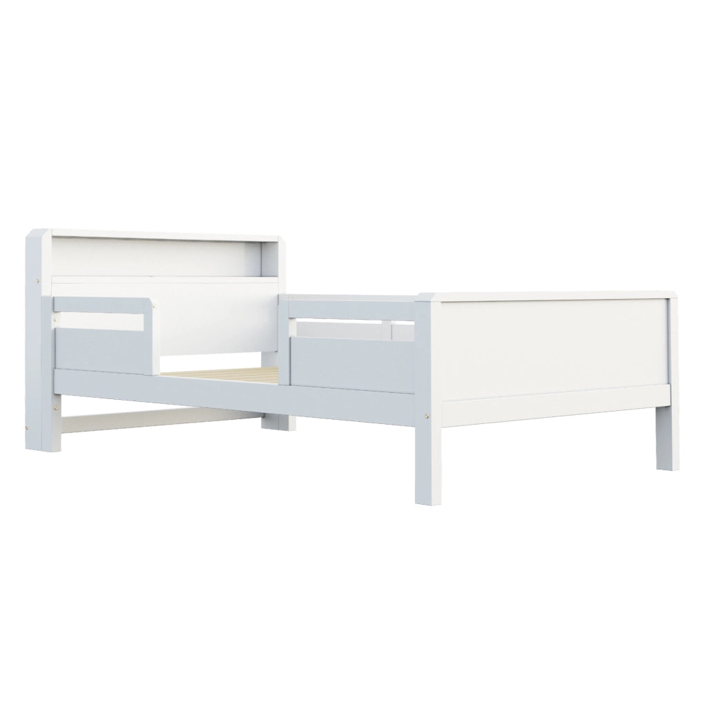 Letto singolo 90x200 cm con luce LED e presa USB e Type-C; testiera con ripiano; legno bianco