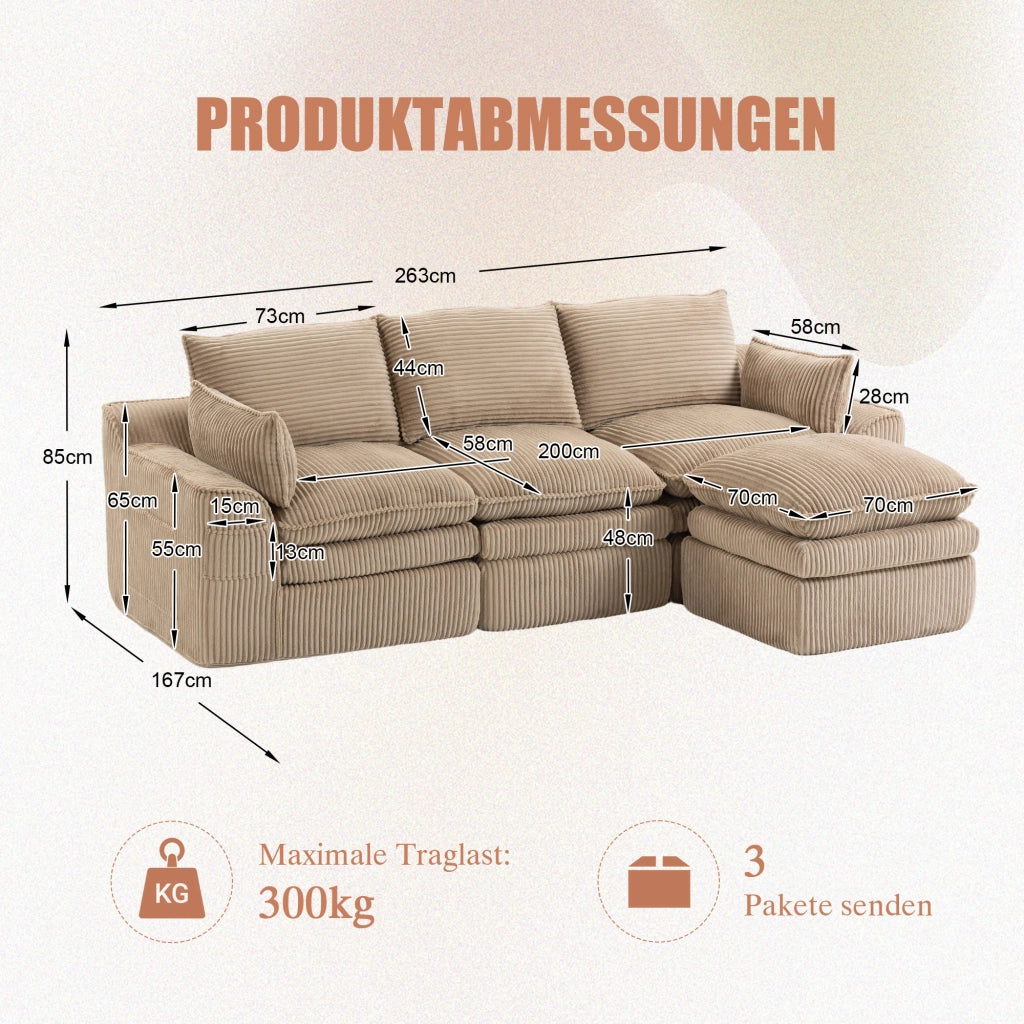 DIVANO modulare 3 posti 263x167x85 cm in corduroy khaki con pouf