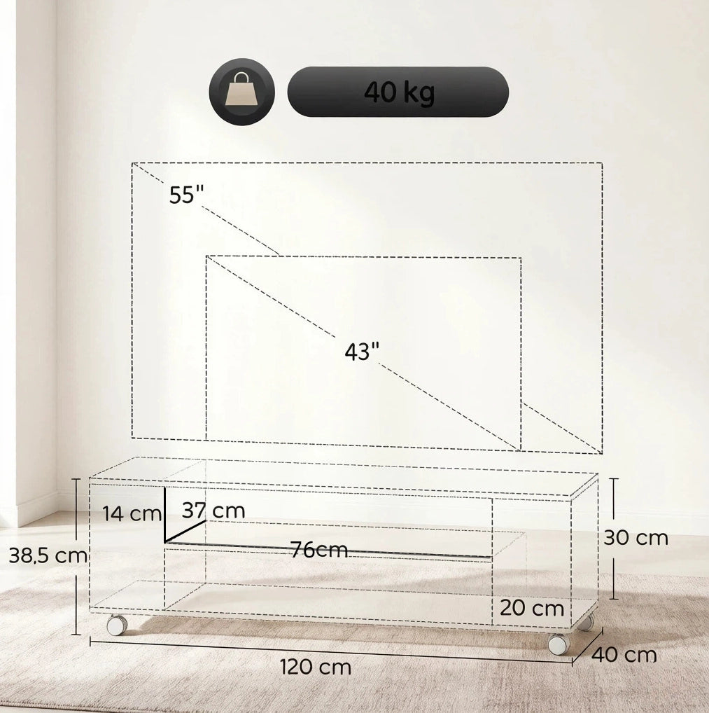 Mobile TV con ruote o montaggio a parete, 120 cm, bianco/naturale
