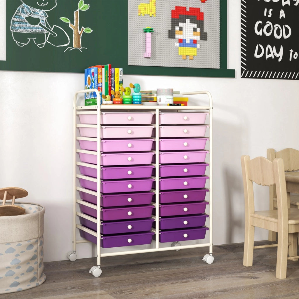 Carrello cassettiera multiuso e leggero con 20 cassetti, Contenitore con ruote per ufficio e casa Viola