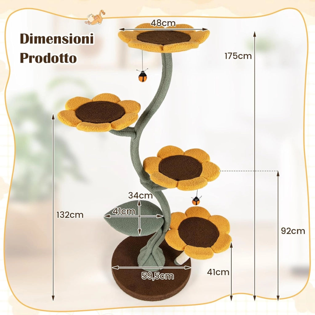 Albero per Gatti, Tiragraffi per Gatti a Forma di Girasole con 4 Piattaforme a Forma di Fiore, Pali Tiragraffi, Base Rotonda Ampia, Piattaforma Imbottita e Pallina Sospesa, Mobili Arrampicata