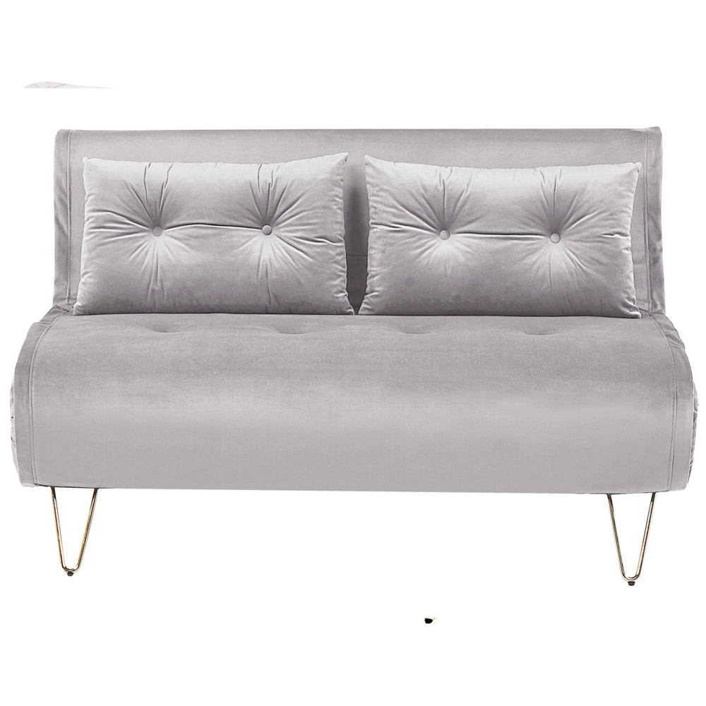 Divano Letto Velluto Grigio 2 Posti Letto Sfoderabile senza braccioli Con 2 Cuscini Gambe In Metallo dorato Glamour