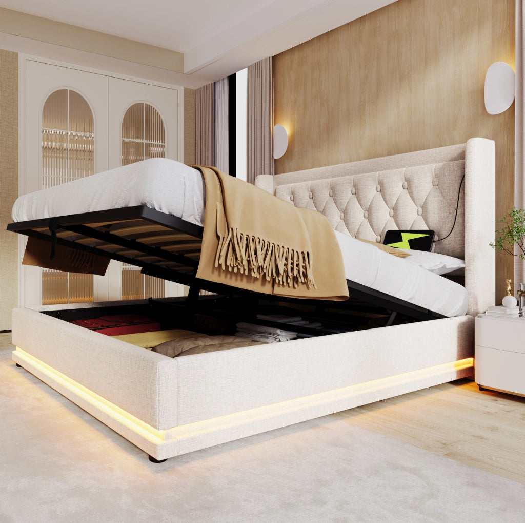 Letto contenitore 160x200 cm beige con LED, USB e Type-C