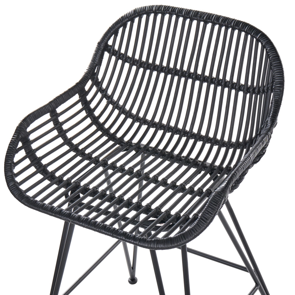 Set di 2 sedie da bar in rattan nero con struttura in ferro, per interni, stile boho, da sala da pranzo