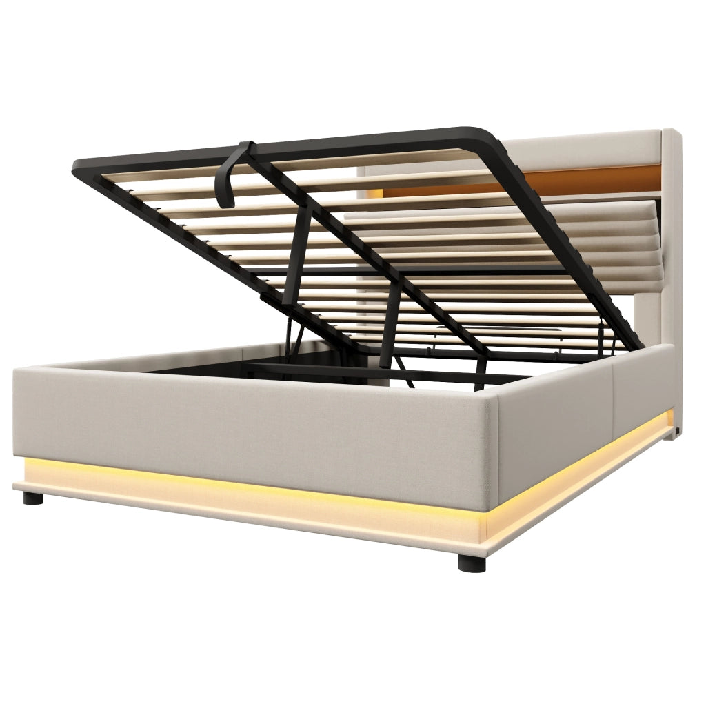 Letto imbottito con contenitore 140x200 cm in lino beige; LED e ricarica USB Type-C