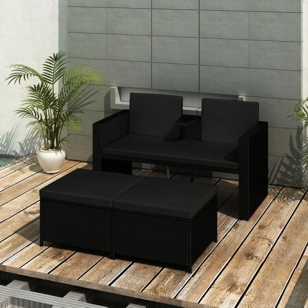 Set Divani da Giardino 3 pz | Set Salotto da Giardino con Cuscini in Polyrattan Nero