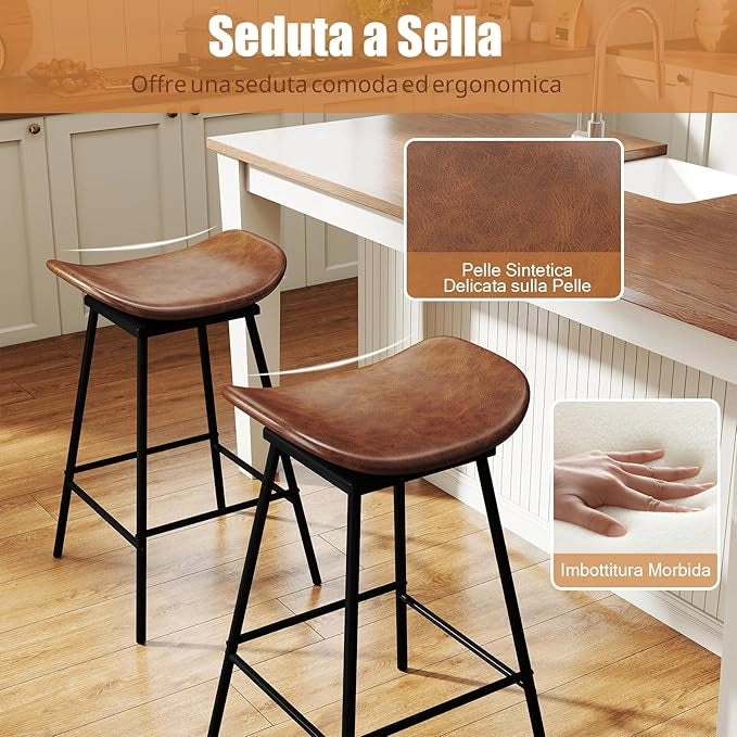 Set di 2 Sgabelli da Bar Girevoli, Sedie Alte Senza Schienale in Pelle Sintetica con Sedile a Sella Imbottito e Poggiapiedi, Portata 150 kg, per Isola della Cucina e Sala da Pranzo (Marrone)