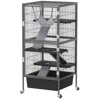 Gabbia per Piccoli Animali a 4 Livelli con Rampe, Piattaforme, Amaca e Ruote, 52x52x115 cm, Grigio