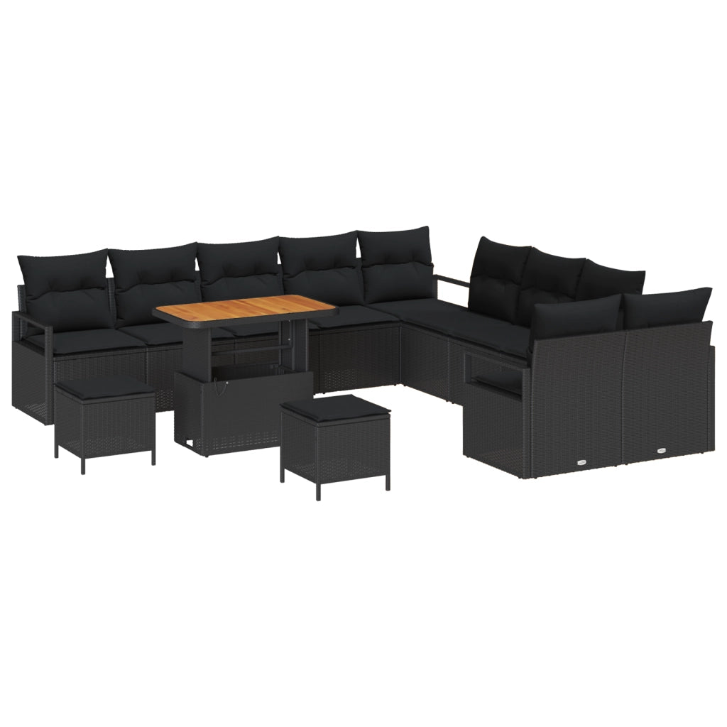Set Divano Giardino 13 Pezzi con Cuscini Nero in Polirattan e Acacia
