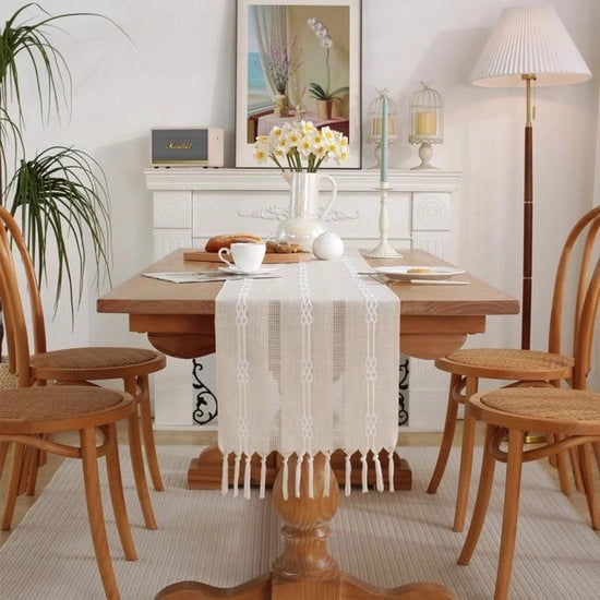 Tavolo rustico con pennelli in stile boemiano - Decorazione da tavolo a tema contadino con strisce - Tavolo rustico con bordo a punto di pennelli manuale - Ideale per la decorazione di feste e ristoranti (33x240cm)
