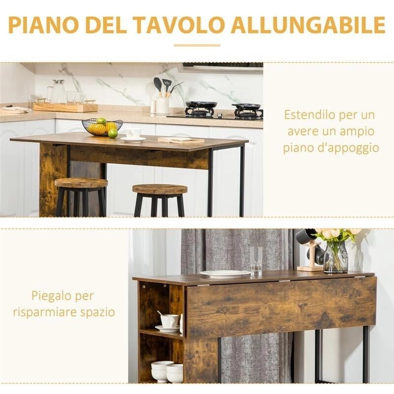BANCONE BAR PIEGHEVOLE STILE INDUSTRIALE CON SCAFFALE A 3 RIPIANI 120X76X91.4CM