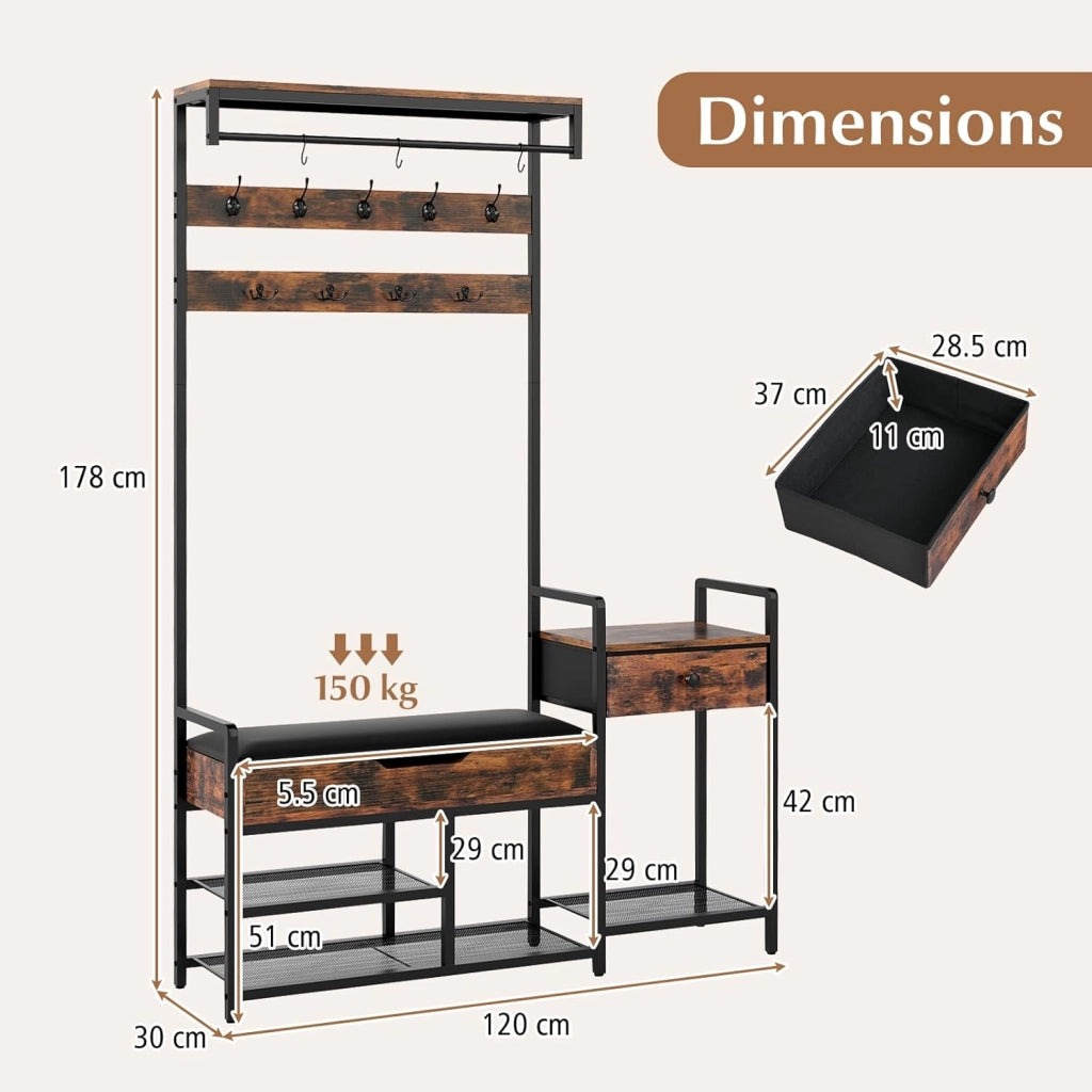 Appendiabiti da Ingresso con Panca, Appendiabiti con 12 Ganci, Cassetto e Ripiani, Scarpiere Multifunzionale con Seduta Imbottita e Barra per Appendere per Camera da Letto, Corridoio