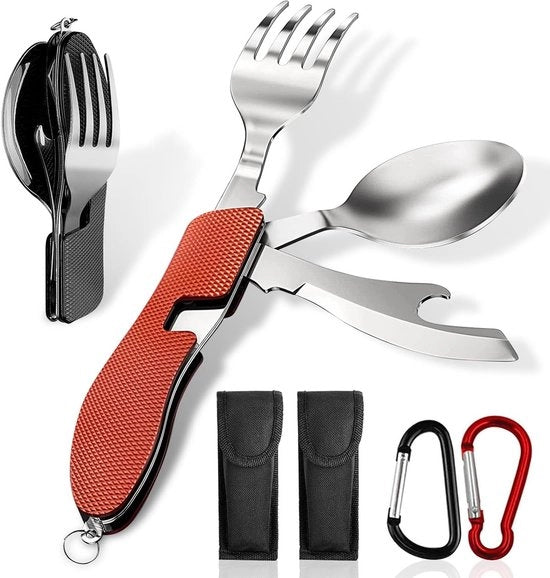 Set di Cucina da Campeggio - Vassoio Multifunzione - 4-in-1 - Apripetizioni da Esterno - Termometro - Forchetta - Cucchiaio - Set da 2