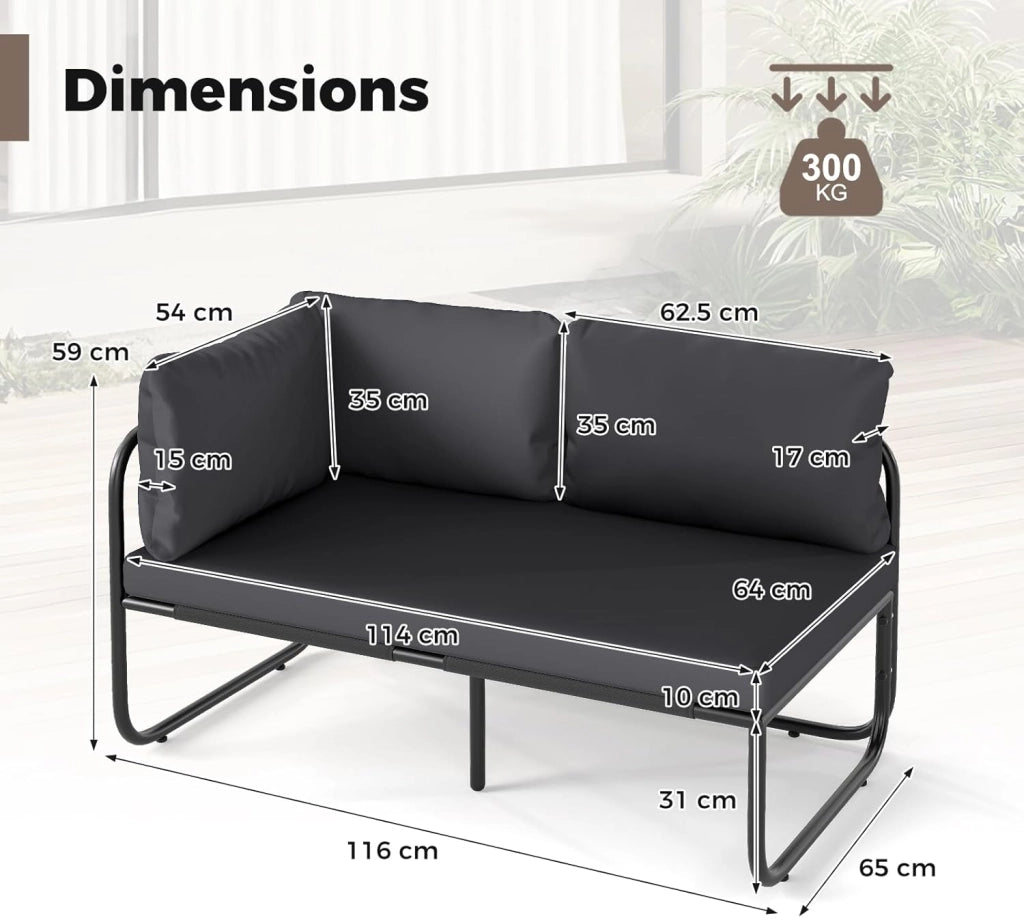 Divano da Esterno a 2 Posti, Divano da Giardino con Schienale, Braccioli, Cuscino, 3 Cuscini, Rivestimento Rimovibile, Mobile da Conversazione per 2 Persone con Struttura in Metallo